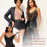 Werena Lace Tummy Control Shapewear Bodysuit for Women Slimming Body Shaper V Neck Sculpting Thong Bodysuit(A#02 Black(Sculpting),3X-Large)