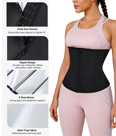 Nebility Waist Trainer for Women Corset Shapewear with Zipper Sweat Waist Trimmer Faja Body Shaper Workout Waist Cincher (Black-silver, Small)