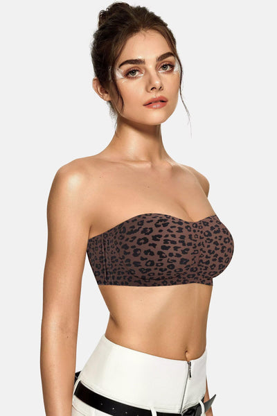 Vertvie Womens Strapless Bra Jelly Push Up Seamless Bandeau Bra Wireless Non Slip Silicone Tube Top Bras Padded Bralette(Leopard Coffee,Small)