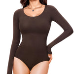 Nebility Long Sleeve Bodysuit for Women Tummy Control Crew Neck Body Suits Tops Slim Fit (Chocolate Brown, Medium)