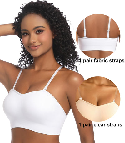 PRETTYWELL Strapless Bra for Women Comfort Non-Slip Seamless Padded Bandeau Bras Wireless Tube Top Bra with Multi-Way Straps White