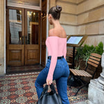 OQQ Bodysuits Womens Off-Shoulder Long Sleeve Seamless Shapewear Tops Pink cherry blossom