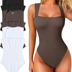 OQQ Women's 3 Piece Bodysuits Sexy Ribbed Strappy Square Neck Sleeveless Tummy Control Tank Tops Bodysuits