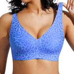 Popilush Wireless Bras for Women Comfortable Bra Seamless Bralette Full Coverage Deep V Leopard Print Bra with Wide Straps Sky Blue