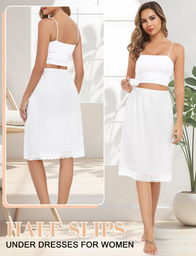 Lovasy Women's Satin Half Slip Knee Length Underskirt with Lace Trim Anti-Static Smooth Under Dress Slips White,Medium