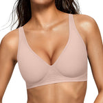 OEAK Womens Deep V Bras Wireless Comfortable Bra Supportive No Underwire Bras Tshirt Push Up Bralettes Plunge Seamless Bra Nude S