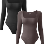 OQQ Women's 2 Piece Bodysuits Sexy Ribbed One Piece Square Neck Long Sleeve Tops