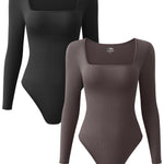OQQ Women's 2 Piece Bodysuits Sexy Ribbed One Piece Square Neck Long Sleeve Tops Black Tea leaf