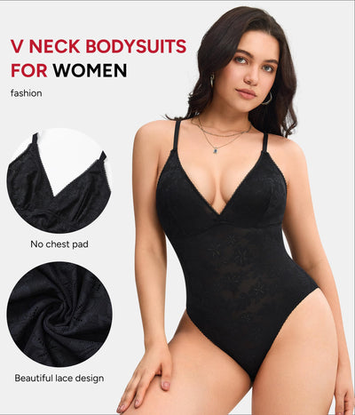 Nebility Lace Bodysuit for Women Tummy Control Shapewear V Neck Body Suits(Large,Black)