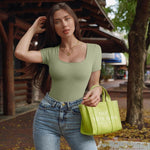 OQQ Women's 2 Piece Bodysuits Sexy Ribbed One Piece Square Neck Short Sleeve Bodysuits Black Jade green