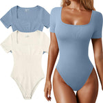 OQQ Women's 2 Piece Bodysuits Sexy Ribbed One Piece Square Neck Short Sleeve Bodysuits