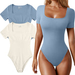OQQ Women's 2 Piece Bodysuits Sexy Ribbed One Piece Square Neck Short Sleeve Bodysuits Blue Beige