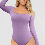 OQQ Women's 2 Piece Bodysuits Sexy Ribbed One Piece Square Neck Long Sleeve Tops Black Taro purple