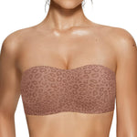 Vertvie Womens Strapless Bra Jelly Push Up Seamless Bandeau Bra Wireless Non Slip Silicone Tube Top Bras Padded Bralette(Leopard Light Coffee,Medium)