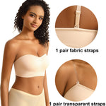 PRETTYWELL Strapless Bra for Women Comfort Non-Slip Seamless Padded Bandeau Bras Wireless Tube Top Bra with Multi-Way Straps Beige