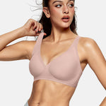 OEAK Womens Deep V Bras Wireless Comfortable Bra Supportive No Underwire Bras Tshirt Push Up Bralettes Plunge Seamless Bra Nude S