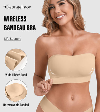 DEANGELMON Strapless Bras for Women Comfort Non-Slip Seamless Padded Bralette Clear Straps Wireless Tube Top Bra Nude Medium