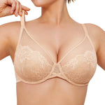 Popilush Bras for Women Minimizer Underwire Supportive Full Coverage Lace Push Up Bra Size 32C Warm Beige