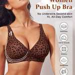Werena Womens Wireless Jelly Bras Push Up Deep V Seamless Bra No Underwire Supportive Lifting Everyday Comfortable Tshirt Bralette (Coffee Leopard,2XL)