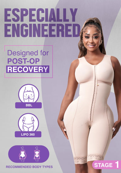 Snatched Body - Women's Stage 1 Faja Colombianas with Bra Shapewear BBL Post Surgery Compression Garment Butt Lifting Beige XS