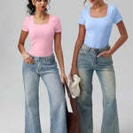 OQQ Women Bodysuits Ruched Short Sleeve Square Neck Stretch Lounge Travel Bodysuits Candyblue