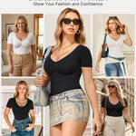 BRABIC Short Sleeve Shapewear Bodysuit for Women Tummy Control V Neck Backless Seamless Body Shaper(Black, Medium)