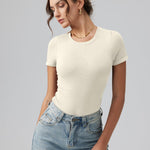 OQQ Women's Crew Neck Short Sleeve Bodysuit Ruched Stretch Vacation Basic for Tops Spring & Summer Beige