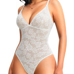 Nebility Lace Bodysuit for Women Tummy Control Shapewear V Neck Body Suits(Small,White)