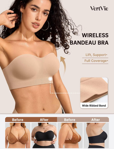 Vertvie Strapless Bras for Women Non-Slip Push Up Wireless Bandeau Bra Seamless Comfort Padded Tube Top Supportive Bralette(Nude,Large,Plain Jersey)