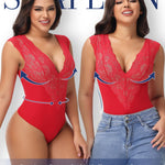 SHAPERIN Sexy Deep V Neck Lace Bodysuit for Women Tank Top Thong Shapewear Tummy Control Body Suits Going Out Corset Tops Red L