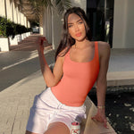 OQQ Women's 3 Piece Bodysuits Sexy Ribbed Sleeveless Square Neck Tank Tops Leotard 2025 Trendy Outfits Black Coral orange White