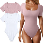 OQQ Women's 2 Piece Bodysuits Sexy Ribbed One Piece Square Neck Short Sleeve Bodysuits