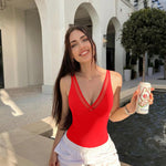 OQQ Women's Sexy V Neck Mesh Thong Bodysuit Tummy Control Bodysuits Top Red