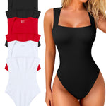 OQQ Women's 3 Piece Bodysuits Sexy Ribbed Strappy Square Neck Sleeveless Tummy Control Tank Tops Bodysuits Black Red White