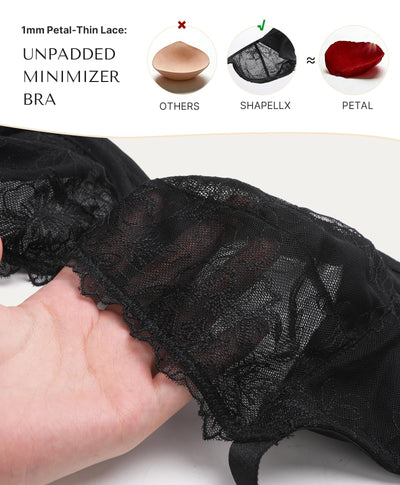 SHAPELLX Lace Bras for Women Unlined, Minimizer Push Up Bra with Underwire for Heavy Breast, See Through Bralette (Black 40C)