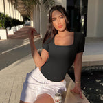 OQQ Women's 2 Piece Bodysuits Sexy Ribbed One Piece Square Neck Short Sleeve Bodysuits Black Jade green