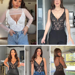 Popilush Lace Body Suits Women Tummy Control Shapewear Bodysuit Deep V Neck Backless Corset Tops Thong Body Shaper