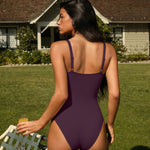 OQQ Women's Sexy V Neck Mesh Thong Bodysuit Tummy Control Bodysuits Top Darkpurple