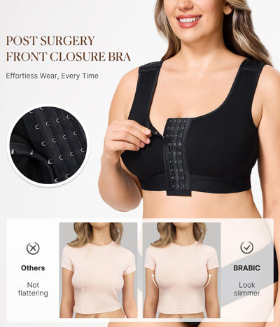 BRABIC Post Surgery Front Closure Bras for Women No Underwire Compression Bra Surgical Mastectomy Everyday Bra （Black, Medium