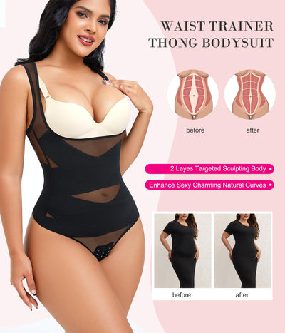 Nebility Thong Shapewear Bodysuit for Women Tummy Control Body Shaper Faja Seamless Waist Trainer Corset Stomach Girdles(XX-Large,Black Thong)
