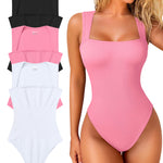 OQQ Women's 3 Piece Bodysuits Sexy Ribbed Strappy Square Neck Sleeveless Tummy Control Tank Tops Bodysuits Black White Candypink
