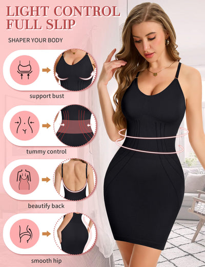 SLIMBELLE Backless Shapewear Slip for Women Under Dress Tummy Control Bodycon Adjustable Strap Round V Neck Body Shaper Black M