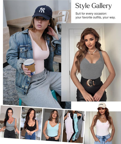 Popilush Body Suits for Womens Modal Shapewear Bodysuit Tummy Control Lace Layered Bra Going Out Tops Black