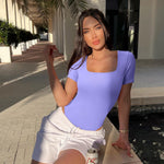 OQQ Women's 2 Piece Bodysuits Sexy Ribbed One Piece Square Neck Short Sleeve Bodysuits Black Purple