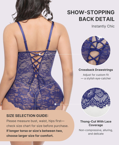 SHAPELLX Lace Body Suits Women Tummy Control Thong Shapewear V-Neck Drawstring Out Going Sculpting Shaper (Purple Large)