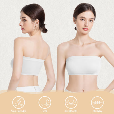 ONEW Strapless Bandeau Bras for Women Seamless Wireless Tube Top Non-Padded Bralette with Clear Bra Straps,White,X-Large