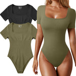 OQQ Women's 2 Piece Bodysuits Sexy Ribbed One Piece Square Neck Short Sleeve Bodysuits