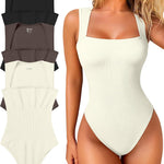 OQQ Women's 3 Piece Bodysuits Sexy Ribbed Strappy Square Neck Sleeveless Tummy Control Tank Tops Bodysuits