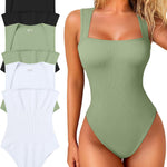 OQQ Women's 3 Piece Bodysuits Sexy Ribbed Strappy Square Neck Sleeveless Tummy Control Tank Tops Bodysuits