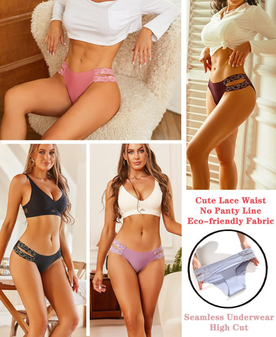 FINETOO Seamless Underwear for Women Cheeky Bikini Panties High Cut V-waist Lace Underwear Women Cute Bikinis 6 Pack